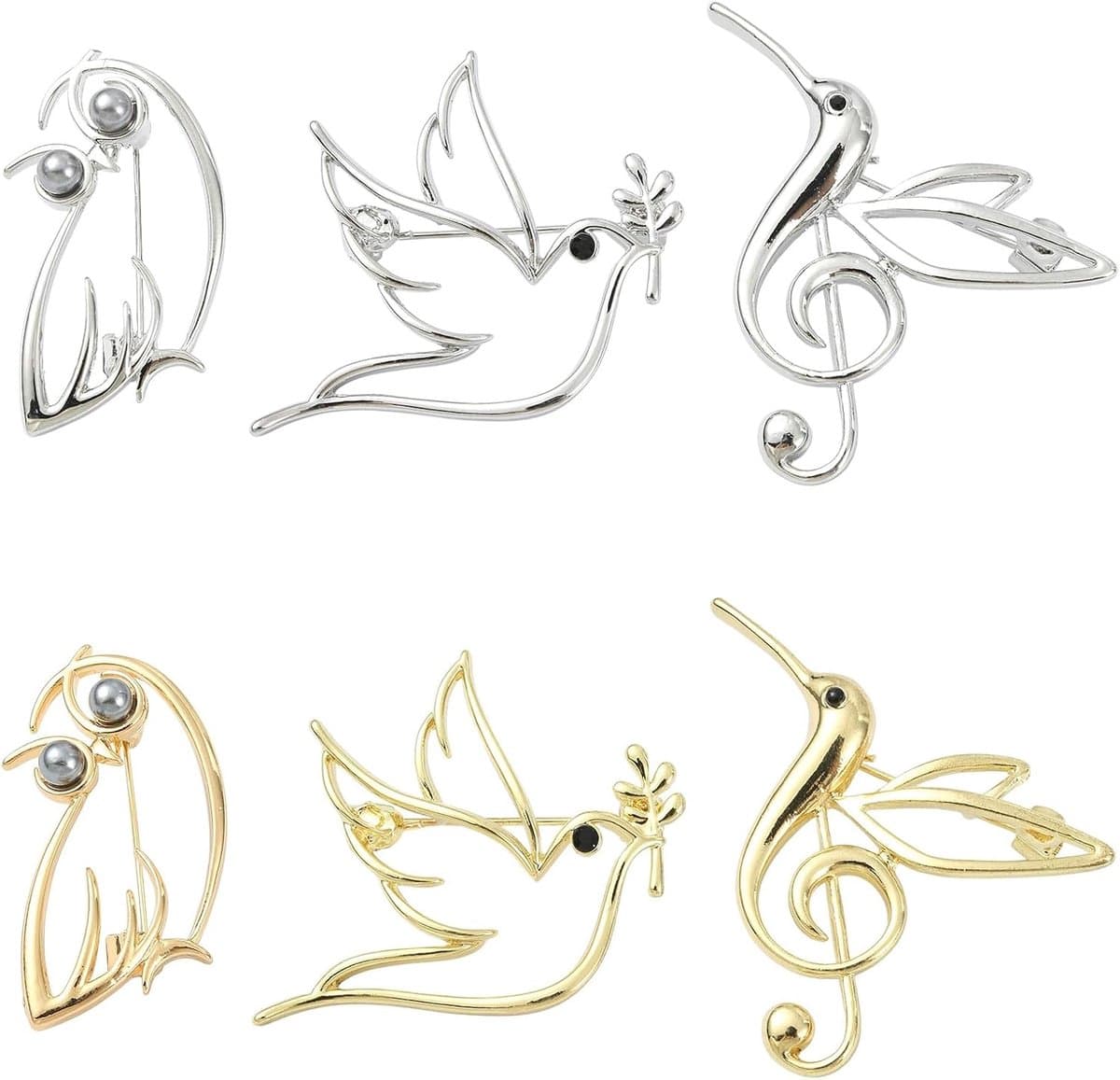 6 Stks 6 Stijlen Vogel Reversspeldjes Gouden Holle Dier Broches Kolibrie Broche Pin Duif Uil Pins Sjaal Gesp Tas Clip voor Vrouwen Mannen — afbeelding 1