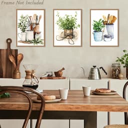 3-delig Aquarel Rustieke Keuken Wandkunst, Kruiden & Keukengerei Potten, Touw, Houten Spatel & Potten voor Restaurant Eetkamer Decor 30x40 cm Niet Ingelijst — thumbnail 2