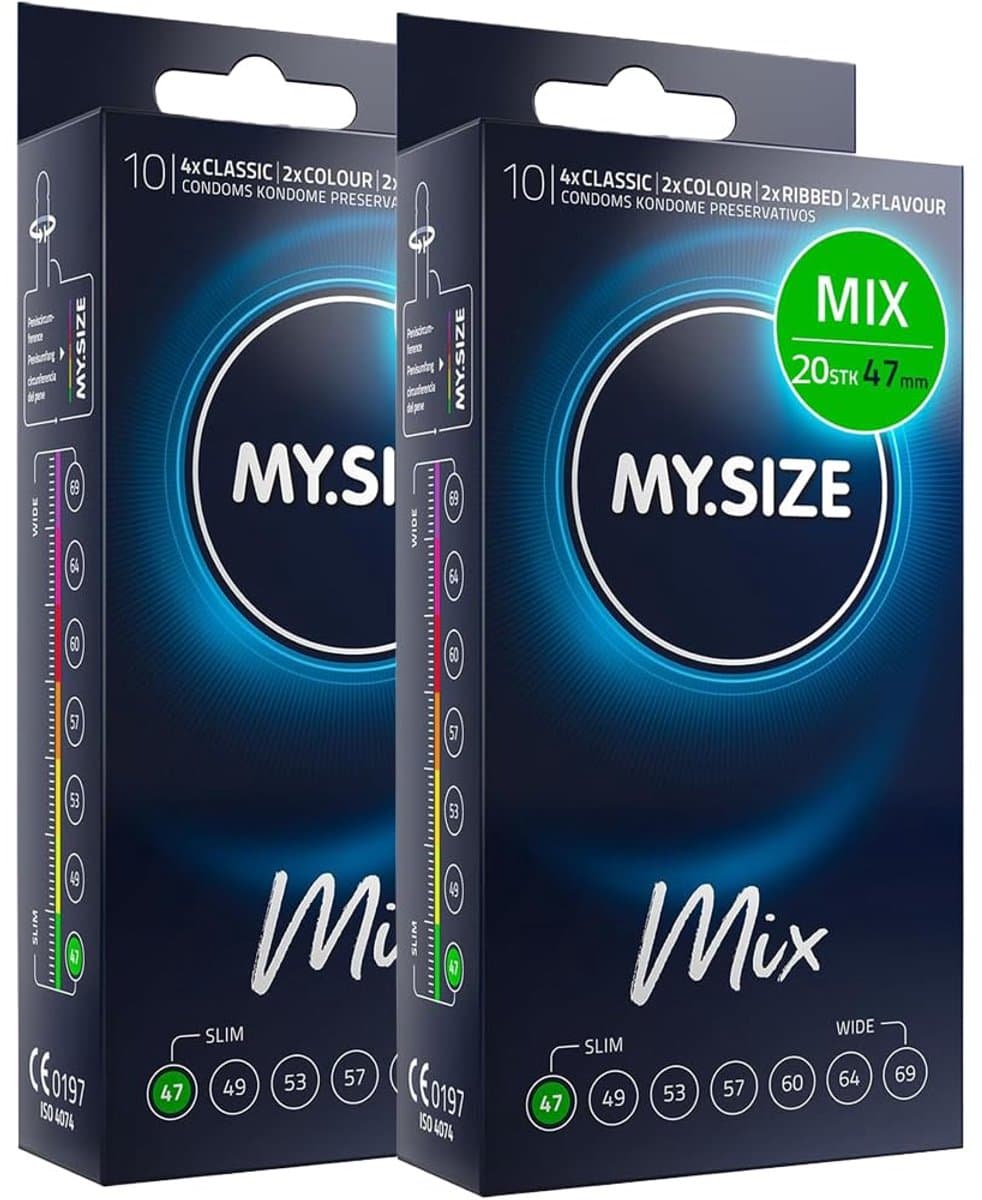 MY.SIZE Mix condooms 20 stuks – 47mm nauwe pasvorm | Soorten: blauw, Rood met aardbeienaroma, Geribbeld, Naturel | Premium kwaliteitscondooms | Duits merk | 0,07mm wanddikte — afbeelding 1