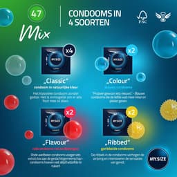 MY.SIZE Mix SET Maat 5, 60 mm: 10 Classic + 10 Condooms in 4 spannende soorten, met aroma, Kleur, Geribbeld & Classic — thumbnail 3