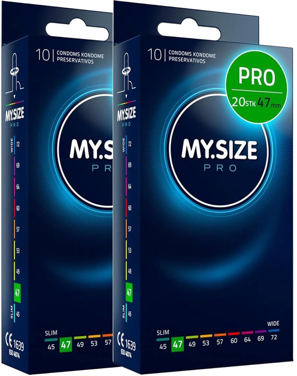 MY.SIZE PRO 20 stuks 47mm Elite condooms, extra slank, zeer zuiver Vytex-latex voor weinig geur, super gemakkelijk te openen en af te rollen — afbeelding 1