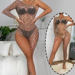 Luipaardprint catsuit met asymmetrisch ontwerp - Elastisch net lingerie bodystocking voor dames — thumbnail 4