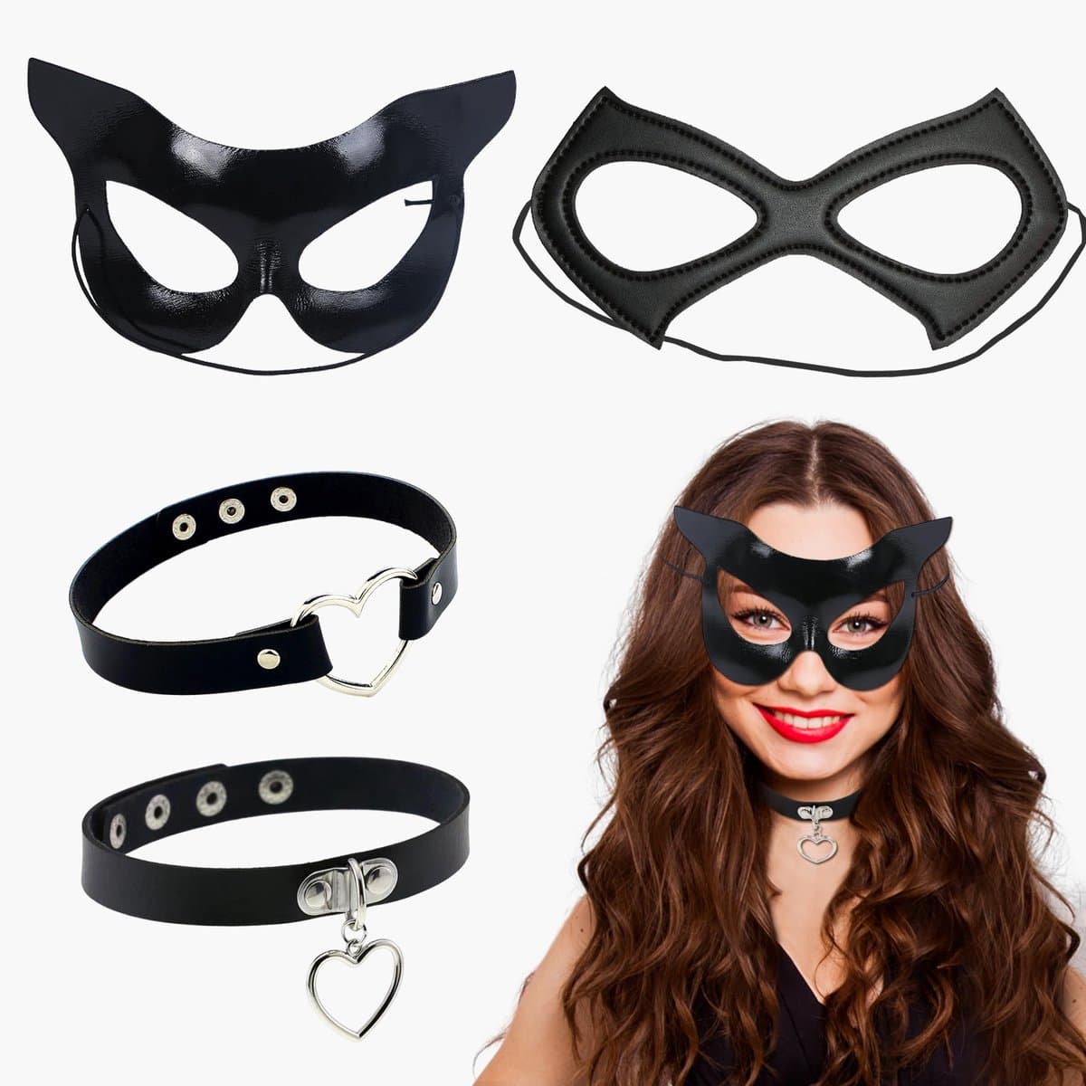 Dailygoody - Catwoman Masker en Choker Set - 4 Stuks Dames Kostuum - Zwart - Halloween Cosplay - Perfect voor Feesten - Inclusief Choker — afbeelding 1
