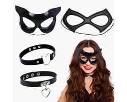 Dailygoody - Catwoman Masker en Choker Set - 4 Stuks Dames Kostuum - Zwart - Halloween Cosplay - Perfect voor Feesten - Inclusief Choker