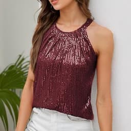 Halter Tank Tops voor Dames met Pailletten - Mouwloos, Sprankelend, Casual, Rimpels en Geschikt voor Feestjes en Avonden — thumbnail 6