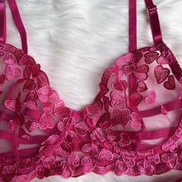 Felroze Hartjes Kanten Lingerie Set Met Beugel BH - Kousenbandgordel, String & Dijbandjes - Sexy Transparant Ondergoed Vrouwen Valentijn Romantisch Cadeau — thumbnail 4