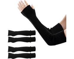 Armwarmers voor dames, 2 paar, thermische armwarmers, zachte lange vingerloze handschoenen, armwarmers, gebreide wol, armwarmers armen, armwarmers voor dames, winter, zwart, lichtgrijs