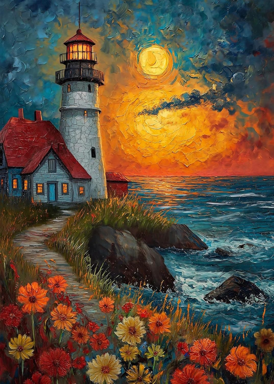 Puzzel voor volwassenen, 1000 stukjes, Leuchtturm bij zonsondergang met poster achterkant, unieke stukjes, stofbestendig (69,8 x 49,8 cm) — afbeelding 1