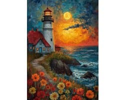 Puzzel voor volwassenen, 1000 stukjes, Leuchtturm bij zonsondergang met poster achterkant, unieke stukjes, stofbestendig (69,8 x 49,8 cm)