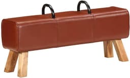 Turnbock-bank met acaciahouten bekleding, 110 cm lang, bruin en echt leer, bekleding voor robuuste training en comfortabele zitervaring, met massief houten frame en zacht — thumbnail 4