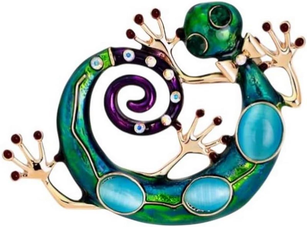Kameleon hagedis sieraden broche van groen staal en blauwe stenen. — afbeelding 1
