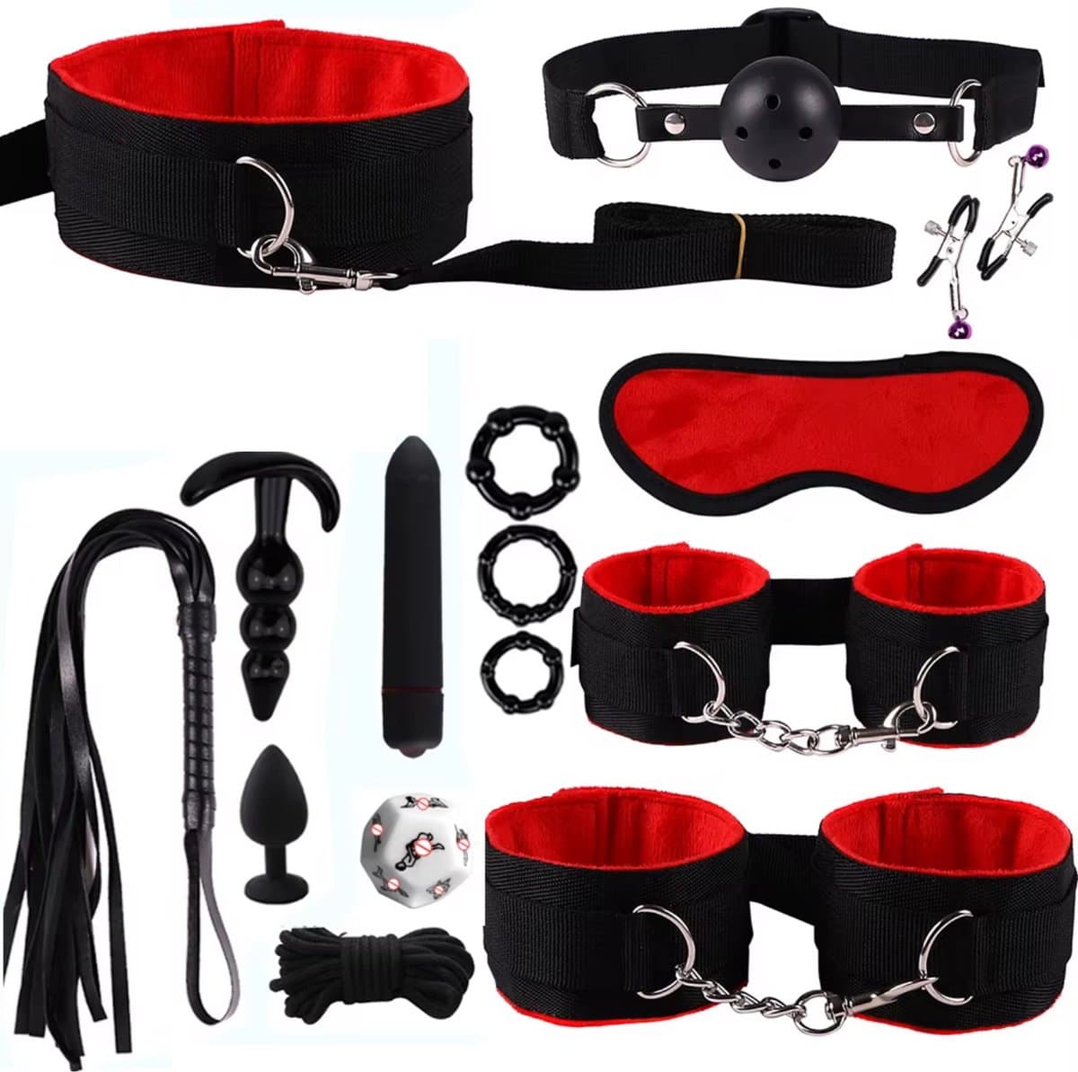 15-delige BDSM Sex Speeltjes Set - Erotische Bondage Set met Vibrator, Handboeien, Buttplugs, Zweep, en Meer - Volwassen Speelgoed voor BDSM Spelletjes en Intiem Spel - Rood — afbeelding 1