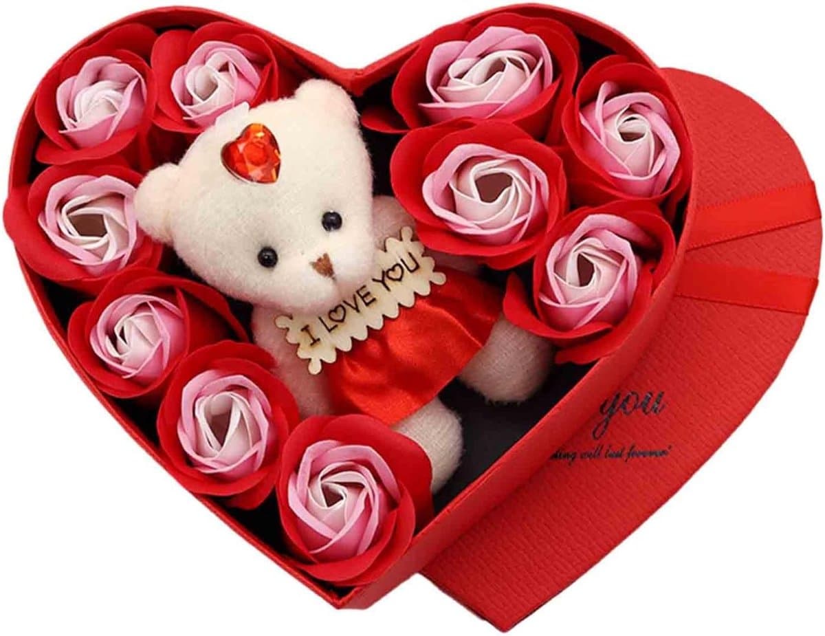 Luxe Cadeauset - Kunstrozen en Beer - Cadeau Geven - Set van 10 Rozen - 17 x 16 cm - Roze — afbeelding 1