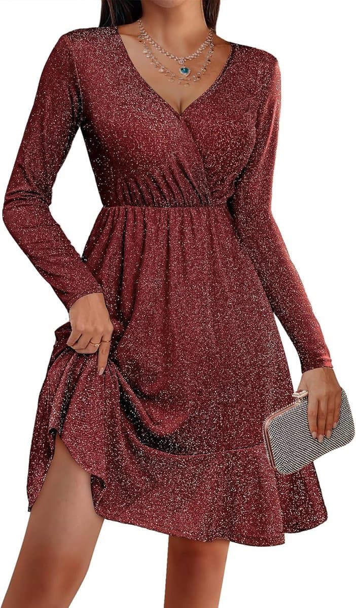 Elegante Glitter Jurk Dames met Lange Mouwen en V-hals - Feestelijke Pailletten Cocktailjurk — afbeelding 1