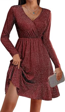 Elegante Glitter Jurk Dames met Lange Mouwen en V-hals - Feestelijke Pailletten Cocktailjurk — thumbnail 1