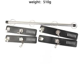 Oneay Metalen Spreidstang met Lederen Hand- en Enkelboeien - Verstelbaar Bed Fixatiesysteem voor Koppels - Seksmeubels & Accessoires - Zwart — thumbnail 2