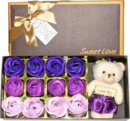Geschenkset Rozenblaadjes Teddybeer en Zeepbloemen - Romantisch Cadeau voor Valentijnsdag en Jubileum (Paars) — thumbnail 1