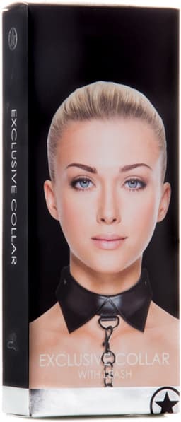 Ouch! Exclusieve Lederen Halsband met Kraagje en Schakelriem met Lus – Zwart — thumbnail 2