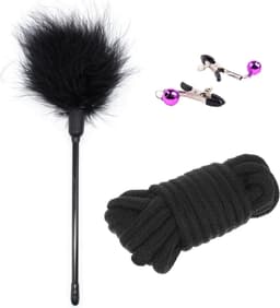 10-delige speelset voor koppels met zweep, handboeien, masker en gag-accessoires - Verstelbare set met zachte veren voor volwassenen (zwart) — thumbnail 3