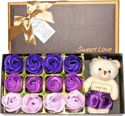 Geschenkset Rozenblaadjes Teddybeer en Zeepbloemen - Romantisch Cadeau voor Valentijnsdag en Jubileum (Paars) — thumbnail 1