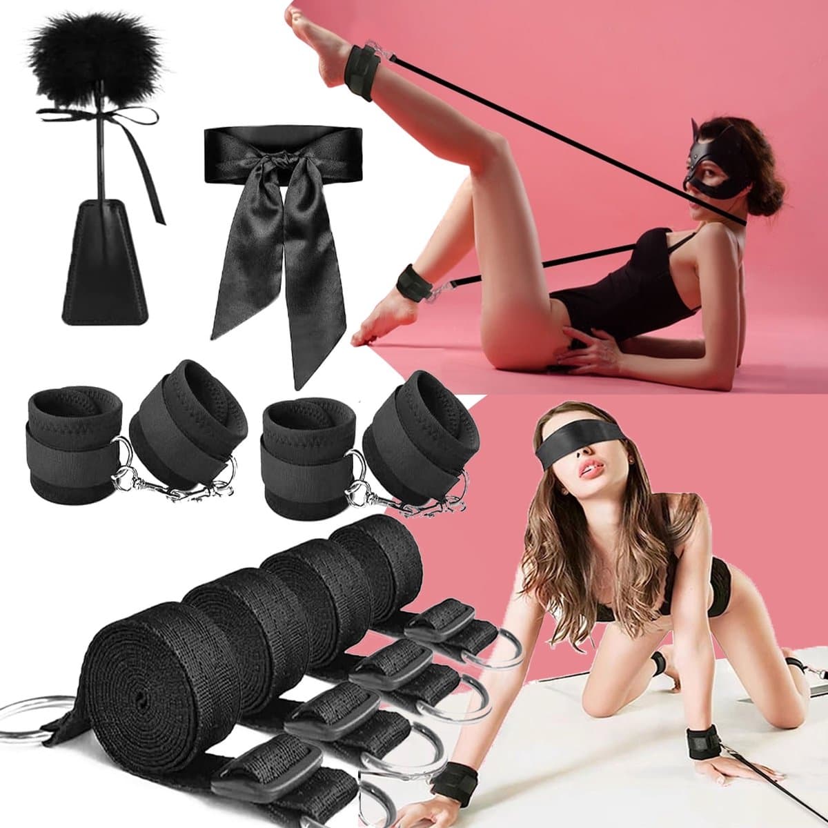 Bondage Set - BDSM - Sex Toys voor Koppels - TENZHVXI® - Set van 10 - Enkelbanden en handboeien, blinddoeken - Verstelbaar - Plezier voor stellen - Zwart — afbeelding 1