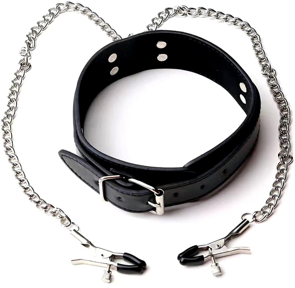 Choker met tepelklemmen - Halsband - BDSM - Rollenspel - Sexspeeltje - Erotiek - Imitatieleer - Zwart - Jonyx — afbeelding 1