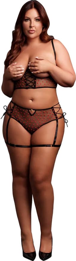 Two Piece Set with Underwired Open-Cup Bra and Panty with Laced Up Details - Plus Size - Black — thumbnail 1