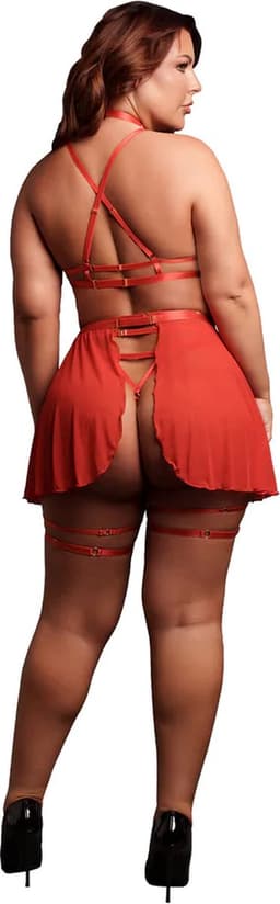 4 Piece Set with Bra, Panty, Double Strap Garter Belt and Peek-A-Boo Mesh Skirt - Plus Size - Red — thumbnail 2