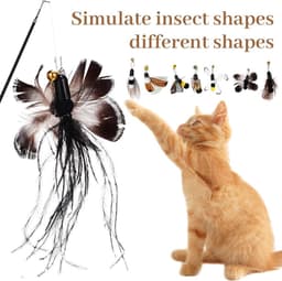 9 stuks interactief kattenspielgoed met veren, 1 uitschuifbare kattenhengel en 8 vervangende koppen met insecten en veren met belletjes, hoogwaardig voor binnenshuis katten en kattenbabys — thumbnail 4