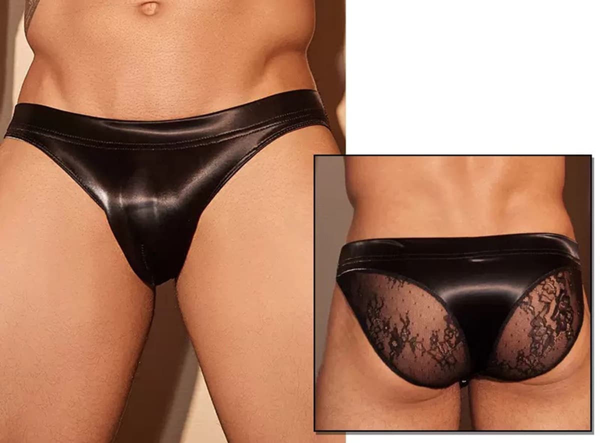 Pittige Vader Strakke Lederen Sexy Slip Heren - Zwart - Stijl van Lederen en Lace - Haaienhuid - Lingerie voor Mannen - Onderbroek - Ondergoed - Zeer elastisch - Erotisch en sexy - Slip - Sexy - Boxershort - Zacht en comfortabel — afbeelding 1