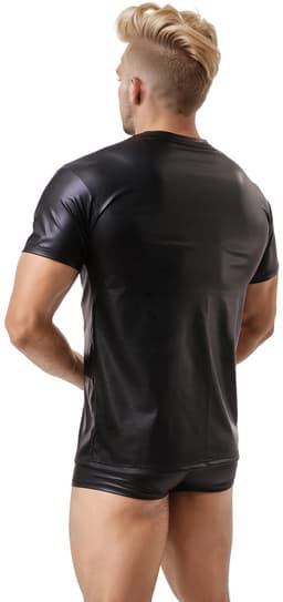 Glanzend wetlook shirt heren – maat L – strakke fetish clubwear kleding – korte mouw t-shirt voor mannen — thumbnail 4