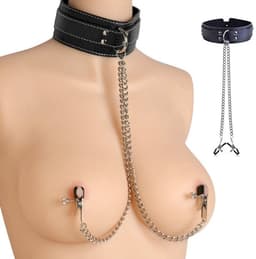Verstelbare BDSM halsband voor vrouwen – PU leer nekband met kettingen & tepelklemmen voor bondage, rollenspel, SM & kinky dominantie — thumbnail 2