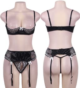3-delige Sexy Lingerieset – Open Cups & Open Kruis – Maat XL/2XL – Erotisch Jarretels Dames – BDSM Lingerie & Erotiek — thumbnail 2