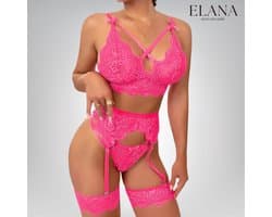 Elana Sorina – Luxe Kant Lingerie Set met Bh, String & Jarretels – Verleidelijke Dames Lingerie – M – Roze