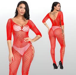 Rode Catsuit met Open Design - Sexy Lingerie - Visnet - One Size S-L (36-40) | LS390 — thumbnail 1