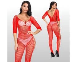 Rode Catsuit met Open Design - Sexy Lingerie - Visnet - One Size S-L (36-40) | LS390