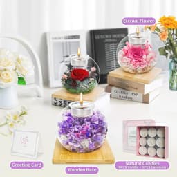 Queltrix Eeuwige bloem in glas & geurkaarsenset, geconserveerde bloemen, romantisch cadeau, geschenkdoos met 18 kaarsen, cadeauset voor Moederdag, verjaardag, jubileum, Kerstmis (paars) — thumbnail 4