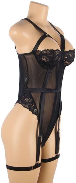 Sexy Lingerie - Luxe Erotische Body met kant - Half open cups - Strapless - Harnas - Shapewear - Jarretelbanden - Bondage look - Strappy Harness – Lingerie Top Teddy - Erotiek - Uitdagend - Valentijnsdag Cadeau Voor Hem & Haar - Zwart - Maat XS-S — thumbnail 10