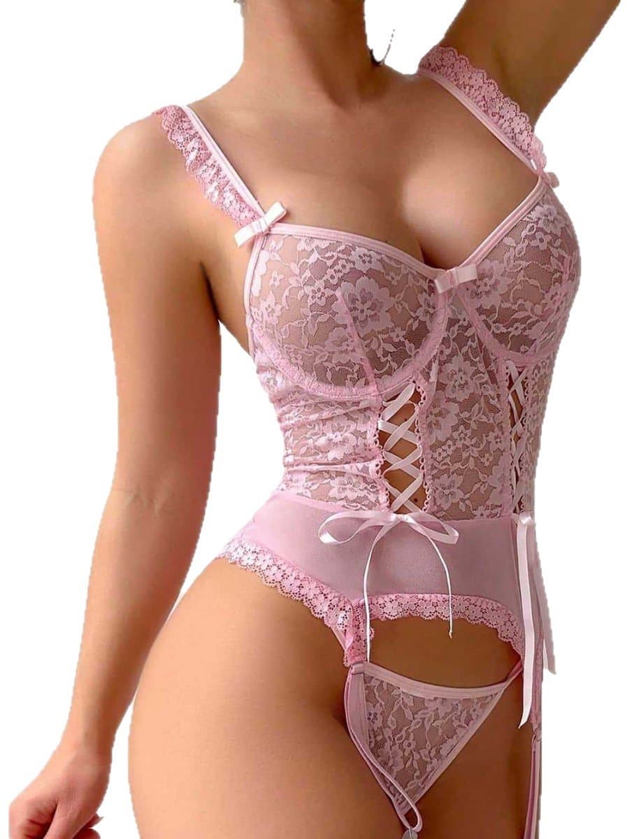 Sexy lingerie - Bodysuit van bloemenkant - Jarretelgordel - Rugloos - Sexy lingerieset - Slipje zonder kruis - Verleidelijke lingerie - Valentijnsdagcadeau - Roze - Maat L — afbeelding 1