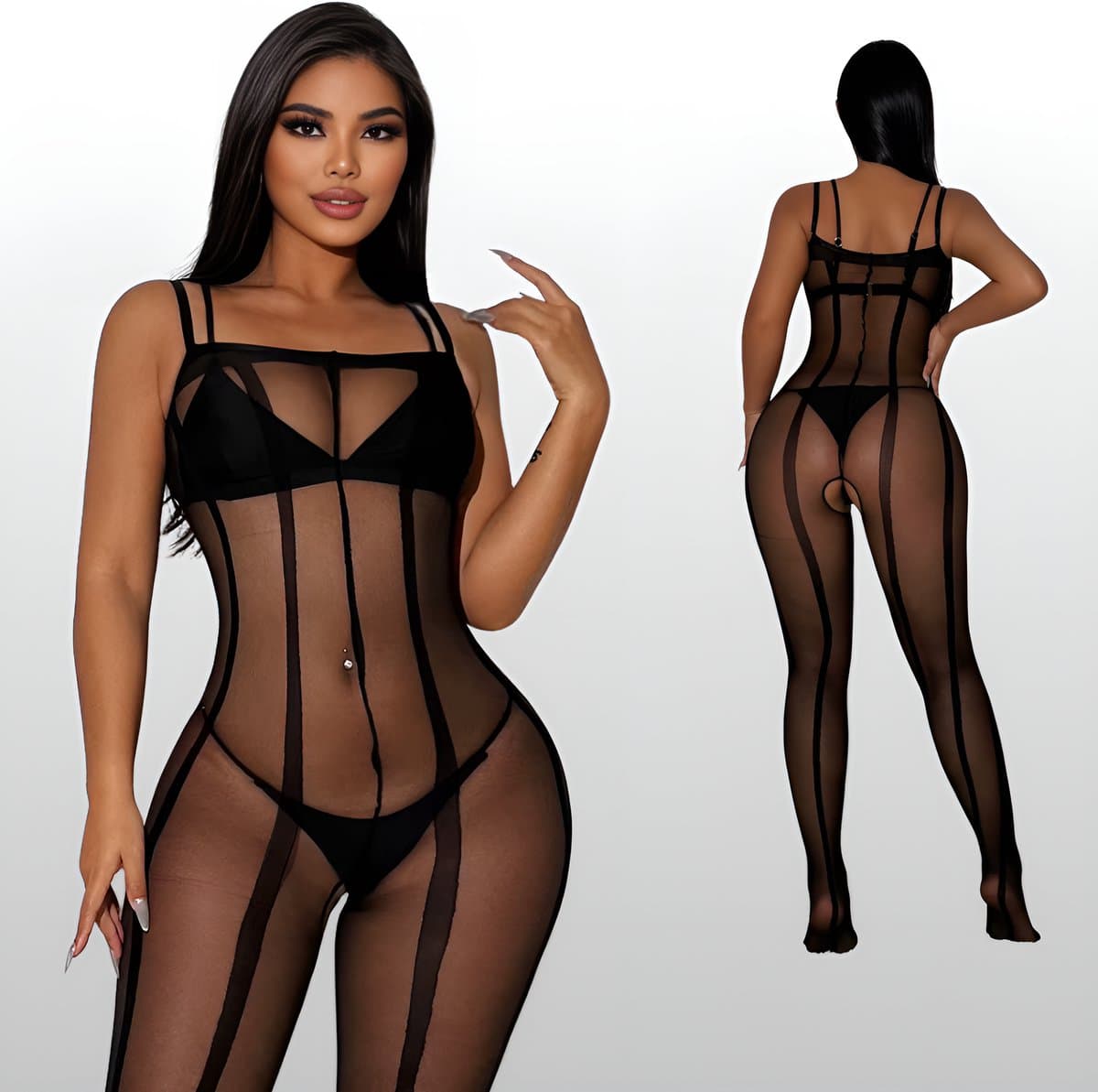 Plus Size Transparante Bodystocking met Open Kruis - Zwart - Erotische Lingerie - One Size L-XL (40-42) | LS031 — afbeelding 1