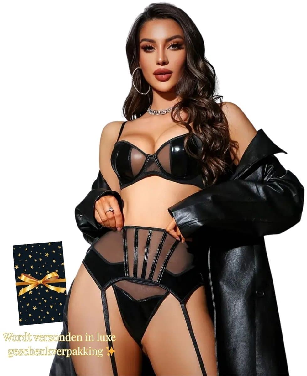 Sexy lingerie Set – Erotische Lingerie Dames – Zwart – Luxe Jarretelset met BH, Slip en Jarretels – Lak & Mesh Lingerie Erotisch Dames – Latex – PU – Kinky – Clubwear – Boudoir Lingerie – 3-delige set – Dare to Undress – Maat XS/S, M & L — afbeelding 1