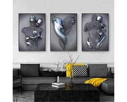 Abstracte Canvasprint Set van 3 - Romantisch Portret in Grijstinten - Modern Wanddecor voor Woonkamer en Slaapkamer - 21 x 30 cm
