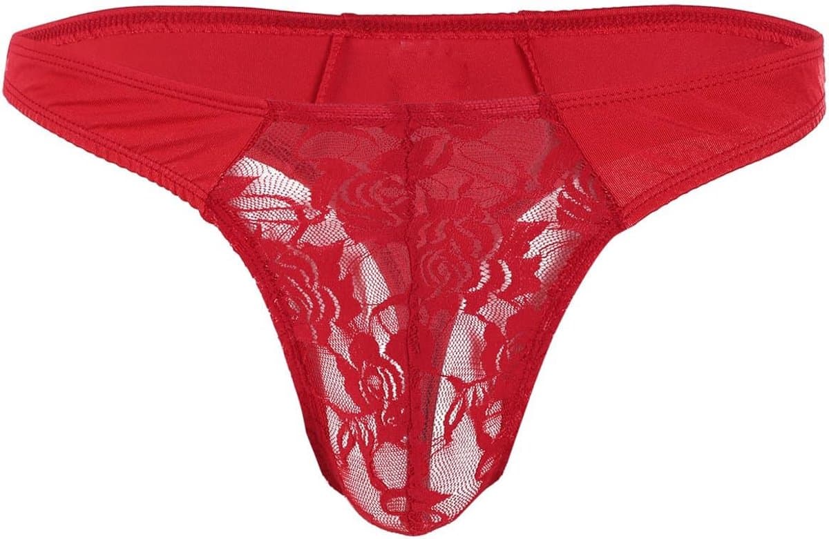 Heren Thong Sissy Lingerie - Elastische Sexy Lace Underwear Jockstrap Bikini G-String Panty Rode Transparante Gay Briefs voor Avondje Uit of Lingerie Nacht — afbeelding 1