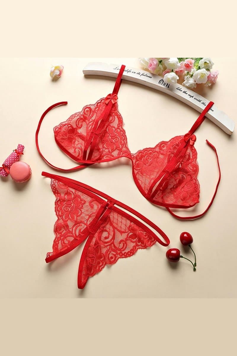 La Nuita Rode Kanten Bh Set Dames - Open Cup Bralette met Strappy Bandjes en String - Sexy Tweedelige Lingerie (S t/m XL) — afbeelding 1