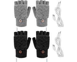 2 Paar USB Verwarmde Handschoenen - Handschoenen verwarmd - Elektrische verwarming - Dubbelzijdige verwarming - Gebreide Verwarmde Handschoenen - Winter Warme Handschoenen - Handschoenen met Verwarming - Handschoenen - Winter - Unisex - Grijs/Zwart