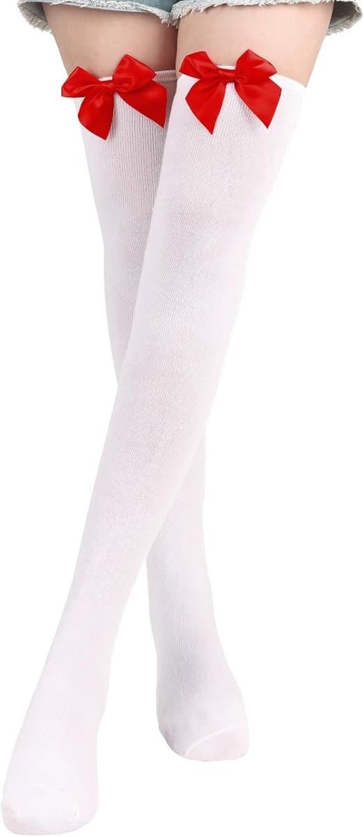 Witte Overknee Kousen met Rode Strik voor Dames - Hoge Dijhoge Sokken — afbeelding 1