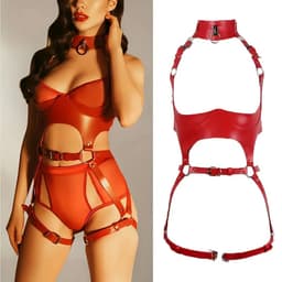 Sexy Lingerieset – PU Lederen Harnass Body – Bondageset – Harnasset – Verstelbaar – Bondage Look – Erotische Lingerie Dames – Fetish – Strappy – SM Outfit – Rood – Kinky Lingerie – BDSM – Wasteland – B.I.T.C.H. – Dare to Undress – One Size — thumbnail 3