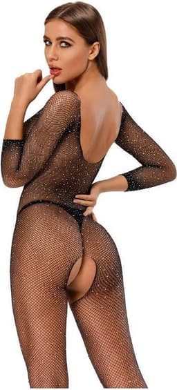 Zwarte sexy Lingerie set / uitdagende body / one size body / Zwarte Visnet Catsuit met glitters / porno lingerieset — thumbnail 3
