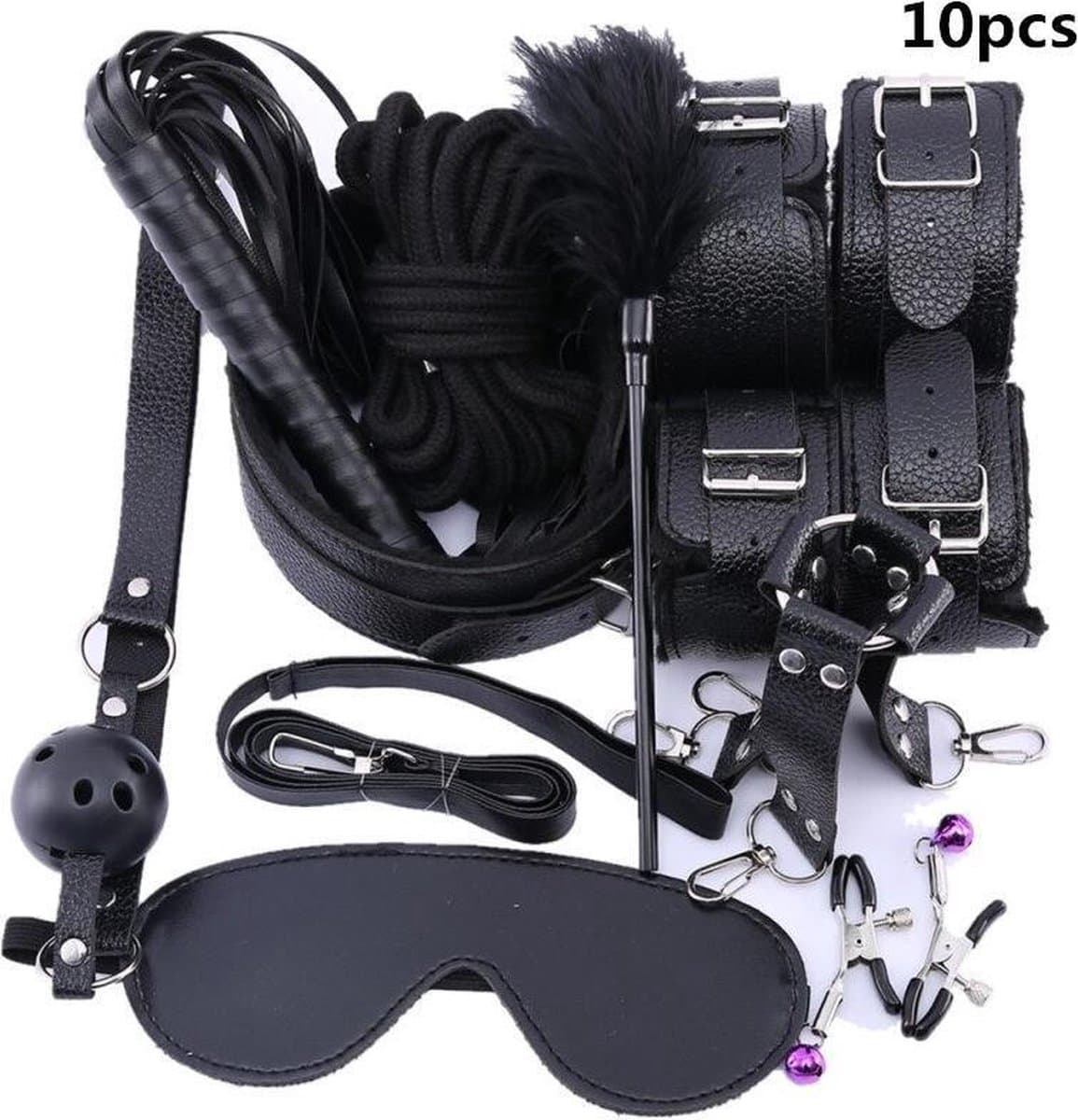 Bondage Set - Bondageset - Erotisch - Bondage - 10 delige set - Speeltjes Voor Volwassen - Game Erotische BDSM - Handboeien - Sex - Spel - Zweep - Tepelklemmen - SM - Zwart met rood — afbeelding 1