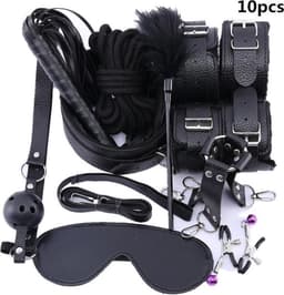Bondage Set - Bondageset - Erotisch - Bondage - 10 delige set - Speeltjes Voor Volwassen - Game Erotische BDSM - Handboeien - Sex - Spel - Zweep - Tepelklemmen - SM - Zwart met rood — thumbnail 1